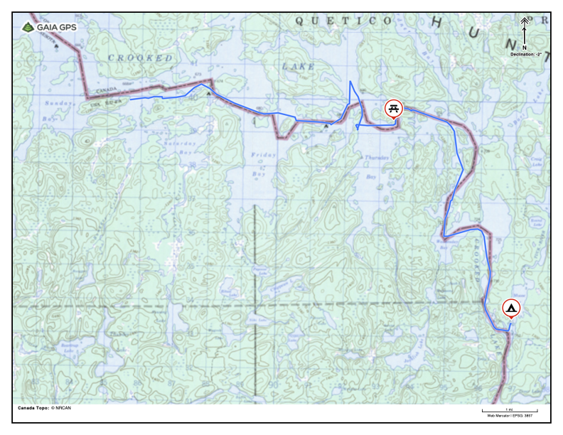 Crooked Lake, Basswood River. 13.2 miles