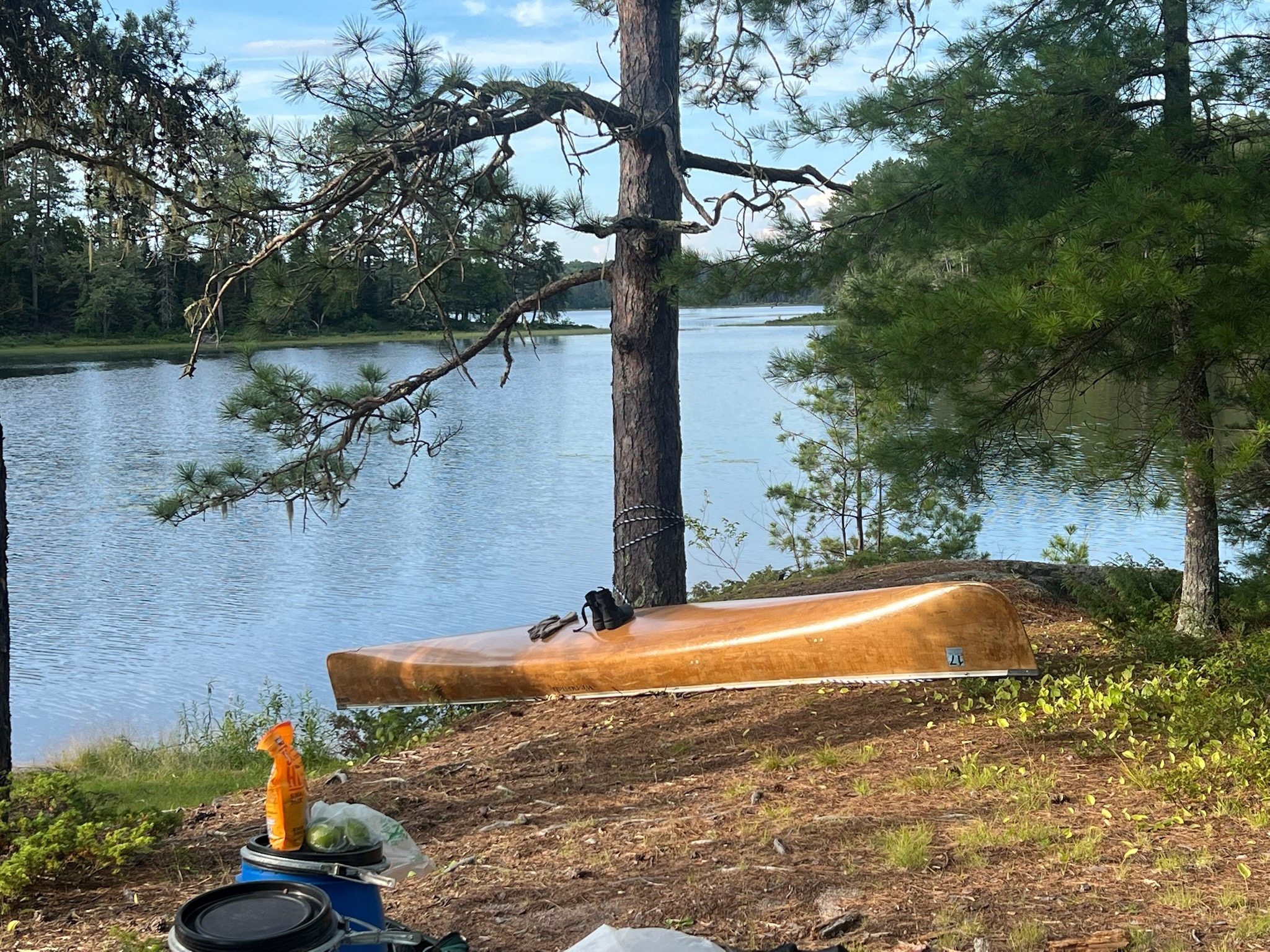 Canoe and view of Moose Bay on Basswood River 2025-08-07 18:15