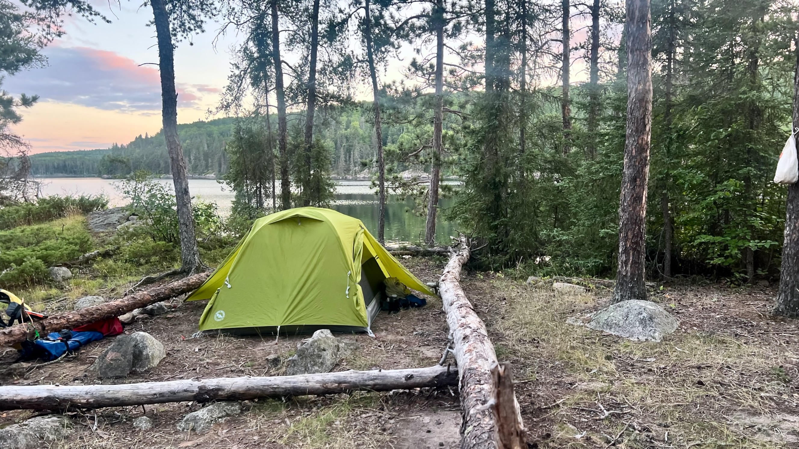 Camp and sunset on island SW of Rose Island on Kawnipi Lake 2025-08-13 20:15