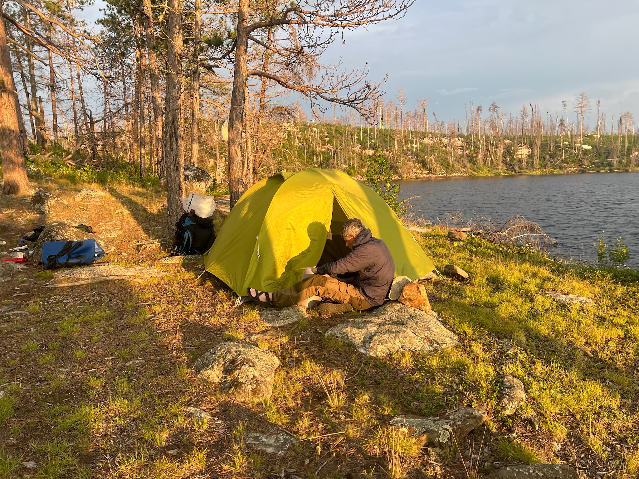 Ben near tent on a fire-scarred island on Shelley Lake 2025-08-14 19:36
